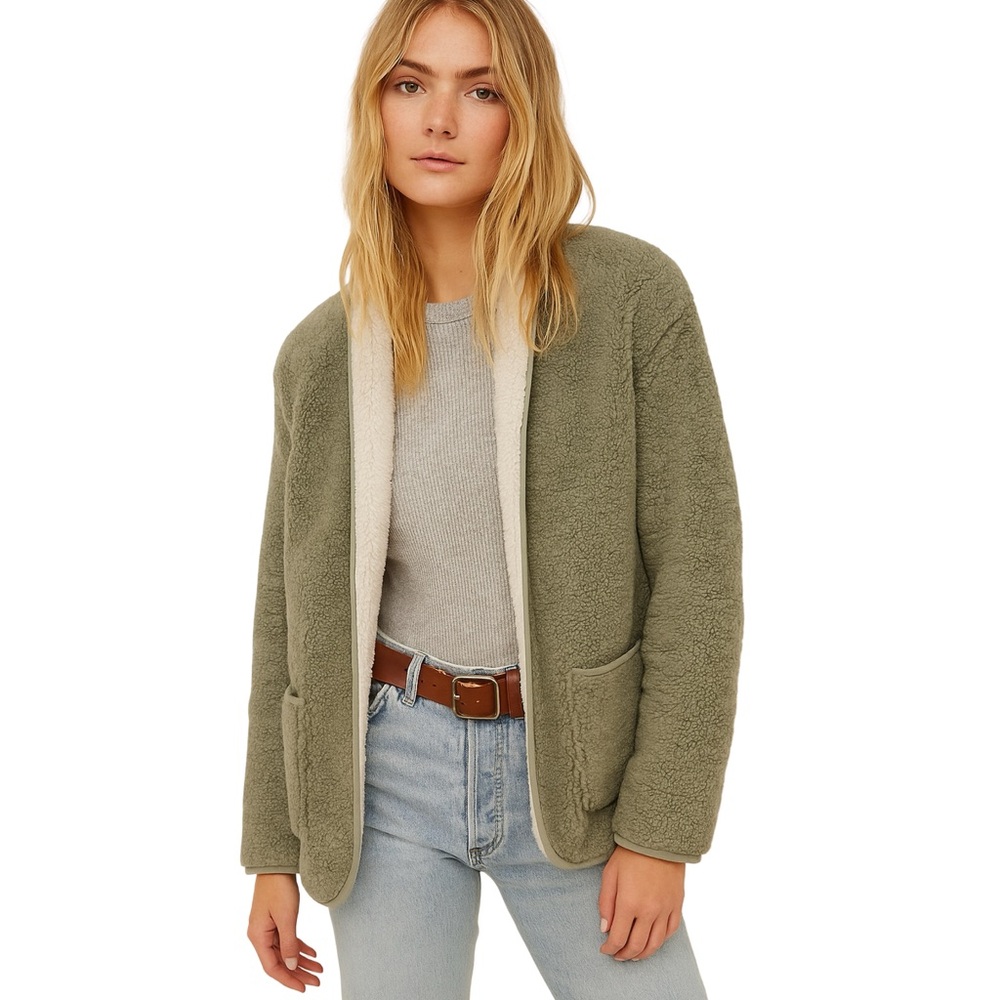 Thread & Supply Teddy Sherpa Fuzzy Sage Green and Cream Reversible Jacket Cozy